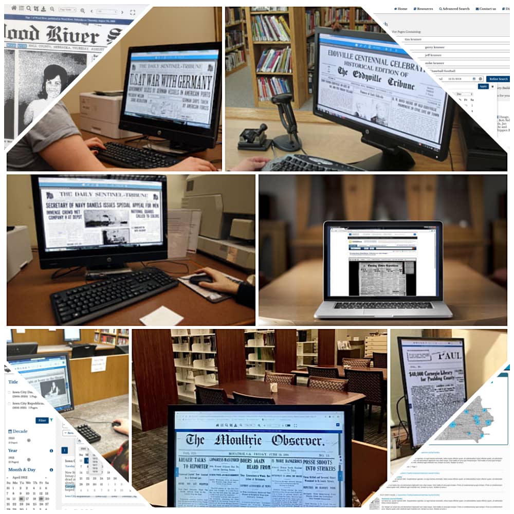 Collage of newspapers on Community History Archives on various library computers