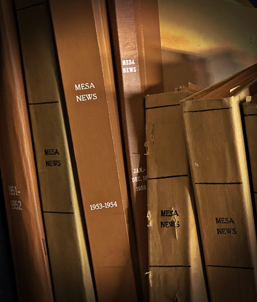 Bound volumes of the Mesa News newspaper from the 1950s that were digitized by Advantage Archives